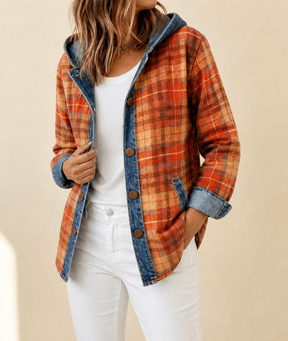 Harlow | Contrast Denim Plaid Hooded Jacket