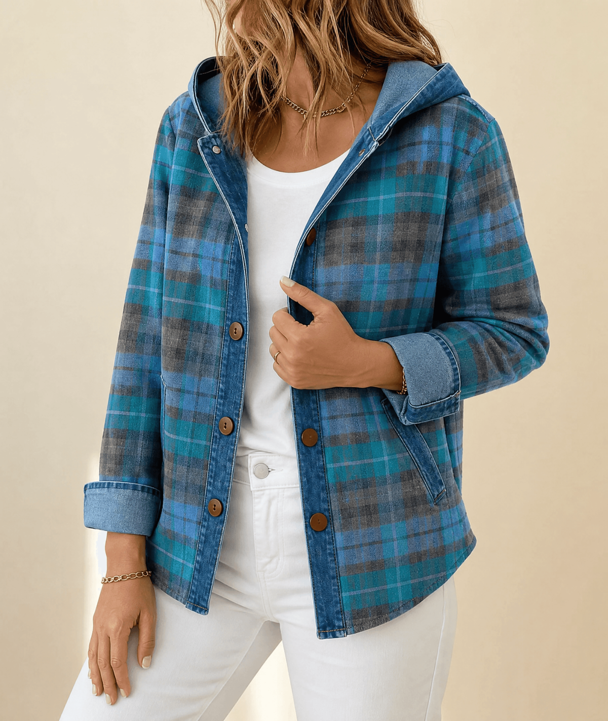 Harlow | Contrast Denim Plaid Hooded Jacket