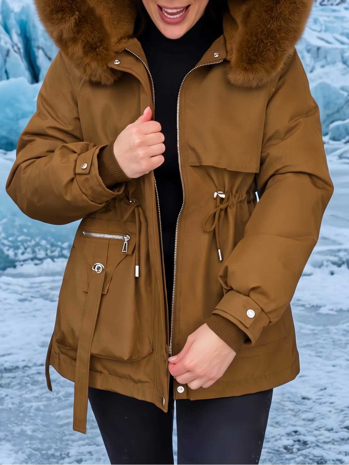 Emma | Fur Trim Waist Cinch Quilted Parka
