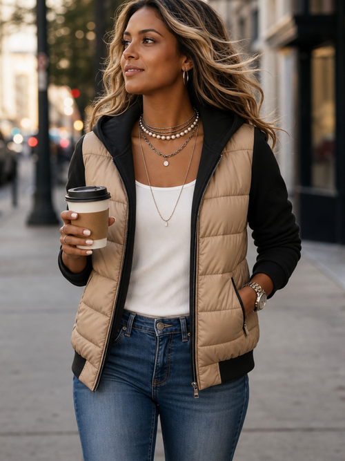 Mia | Mixed Media Quilted Puffer Knit Sleeve Jacket