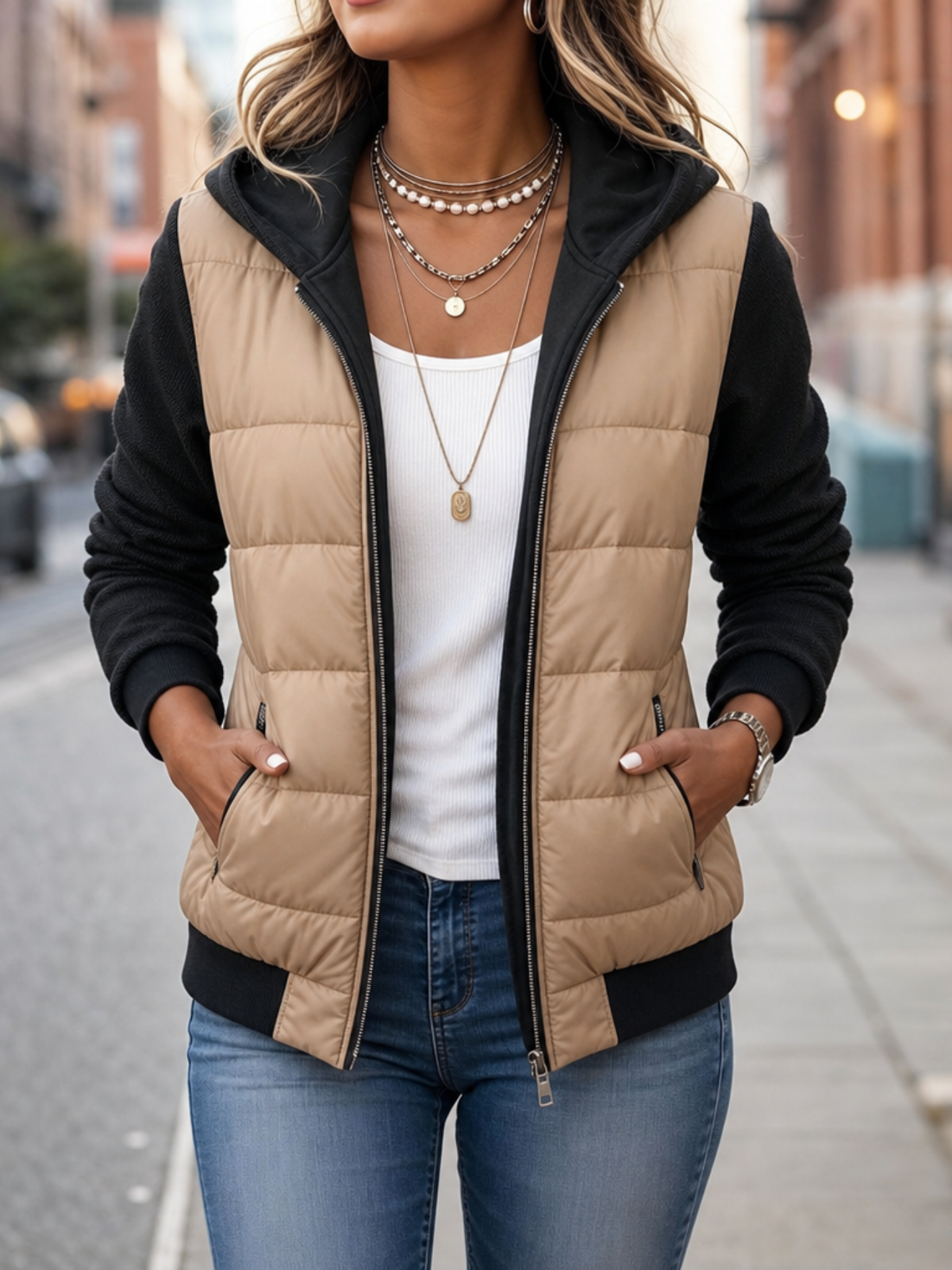 Mia | Mixed Media Quilted Puffer Knit Sleeve Jacket
