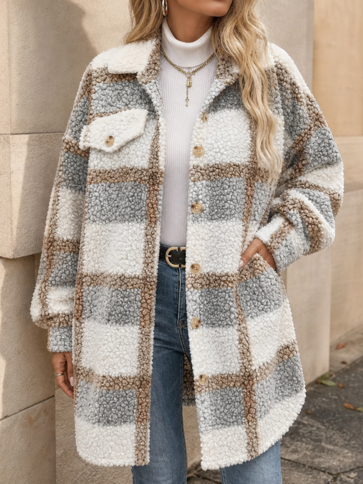 Ava | Plaid Sherpa Lined Mid Length Coat