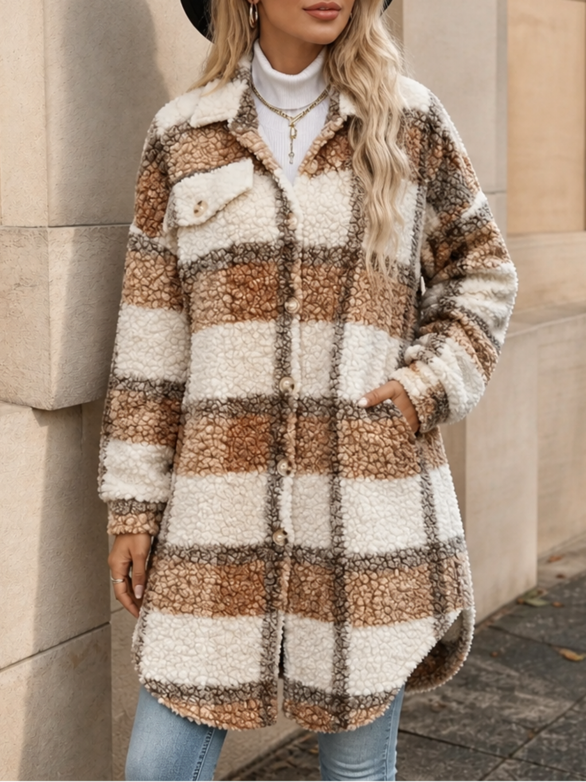 Ava | Plaid Sherpa Lined Mid Length Coat