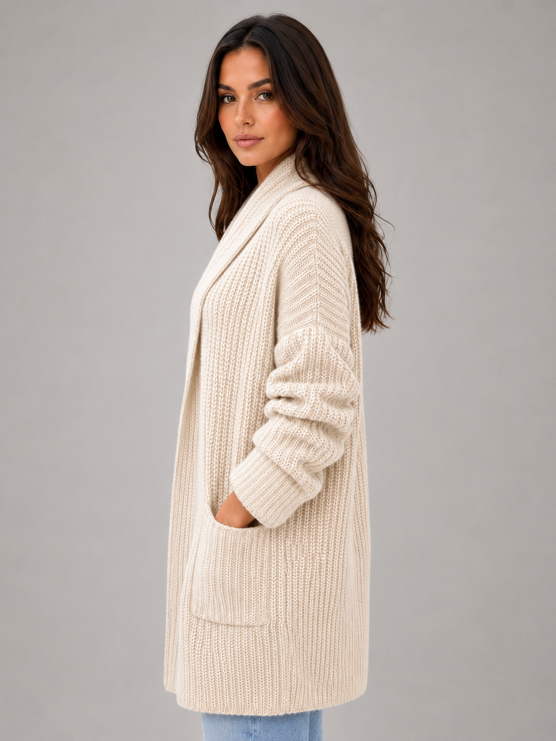 Pearl | Gilet long en maille à porter ouvert sur le devant