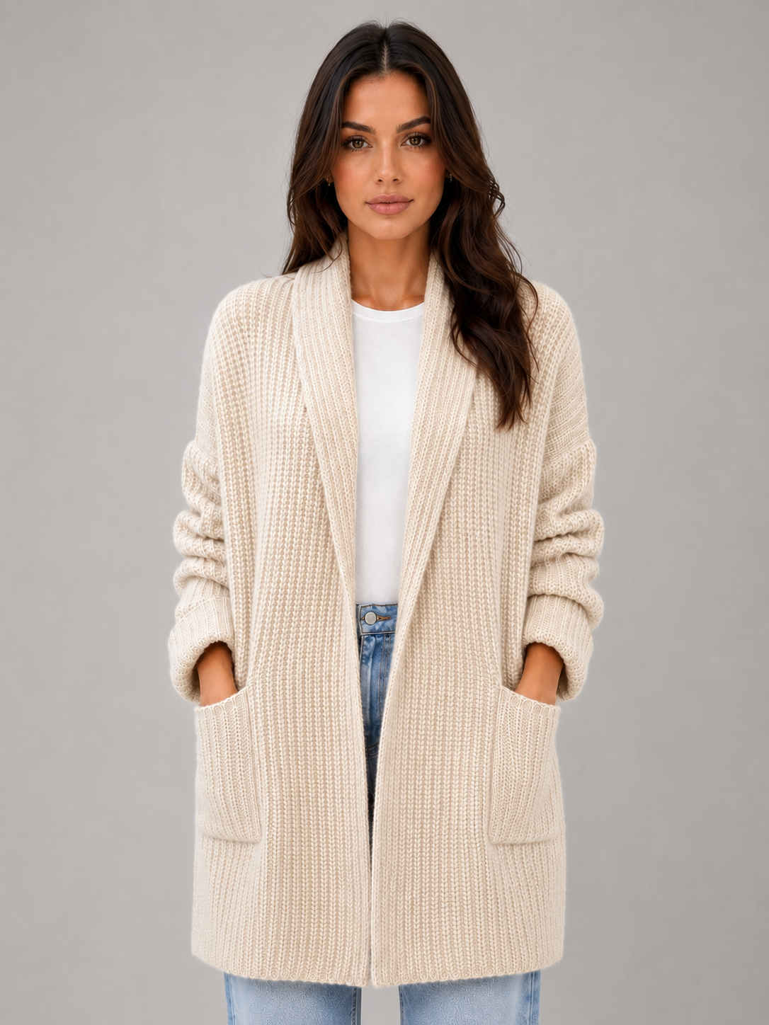 Pearl | Gilet long en maille à porter ouvert sur le devant