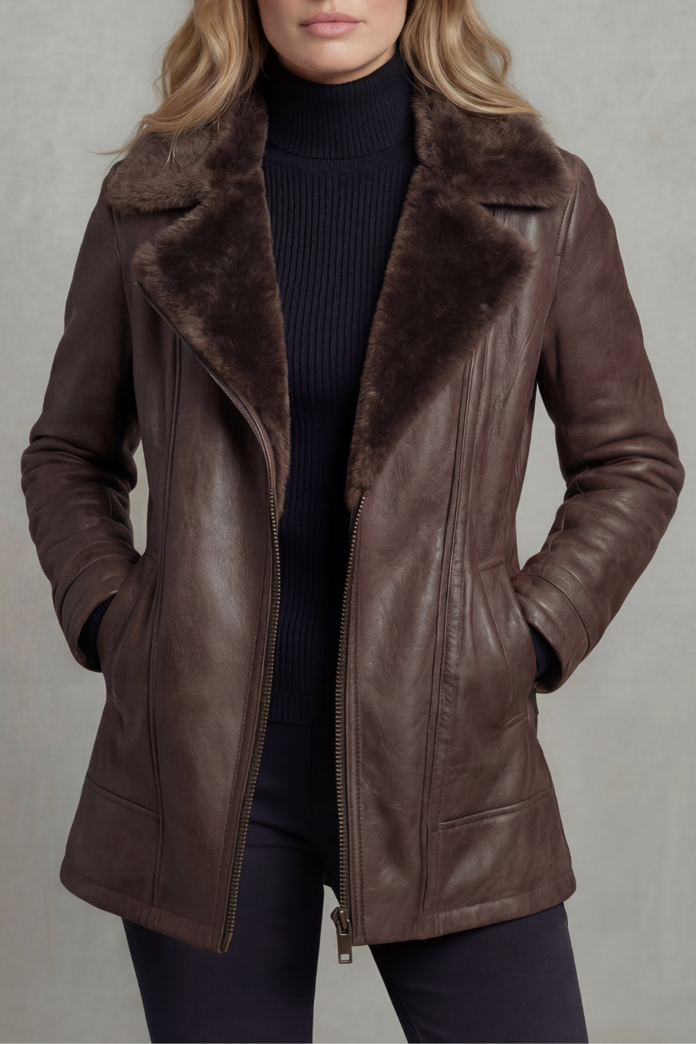 Vanessa | Faux Leather Shearling Collar Zip Jacket