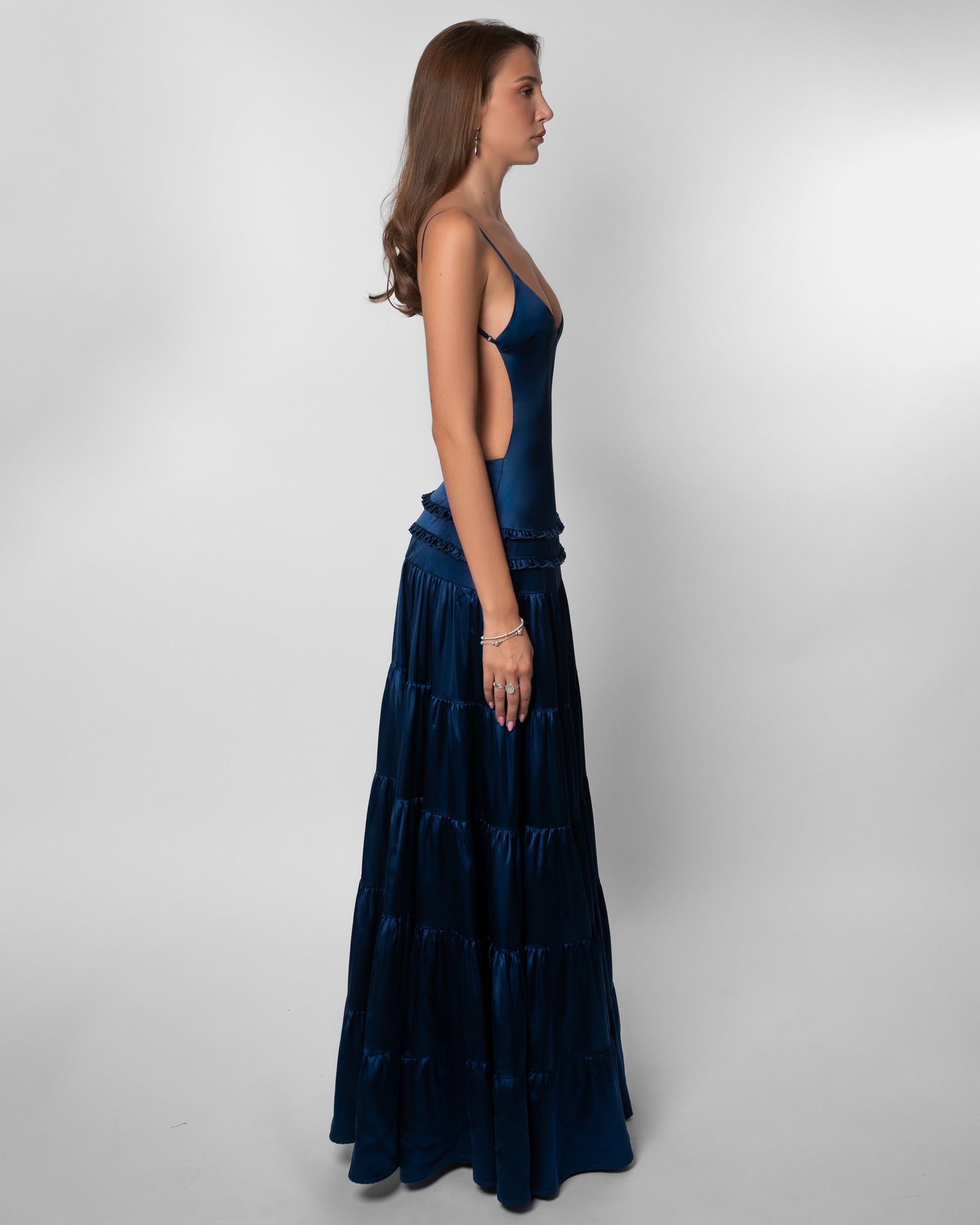 Raven Satin Tiered Maxi Dress