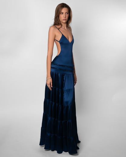 Raven Satin Tiered Maxi Dress