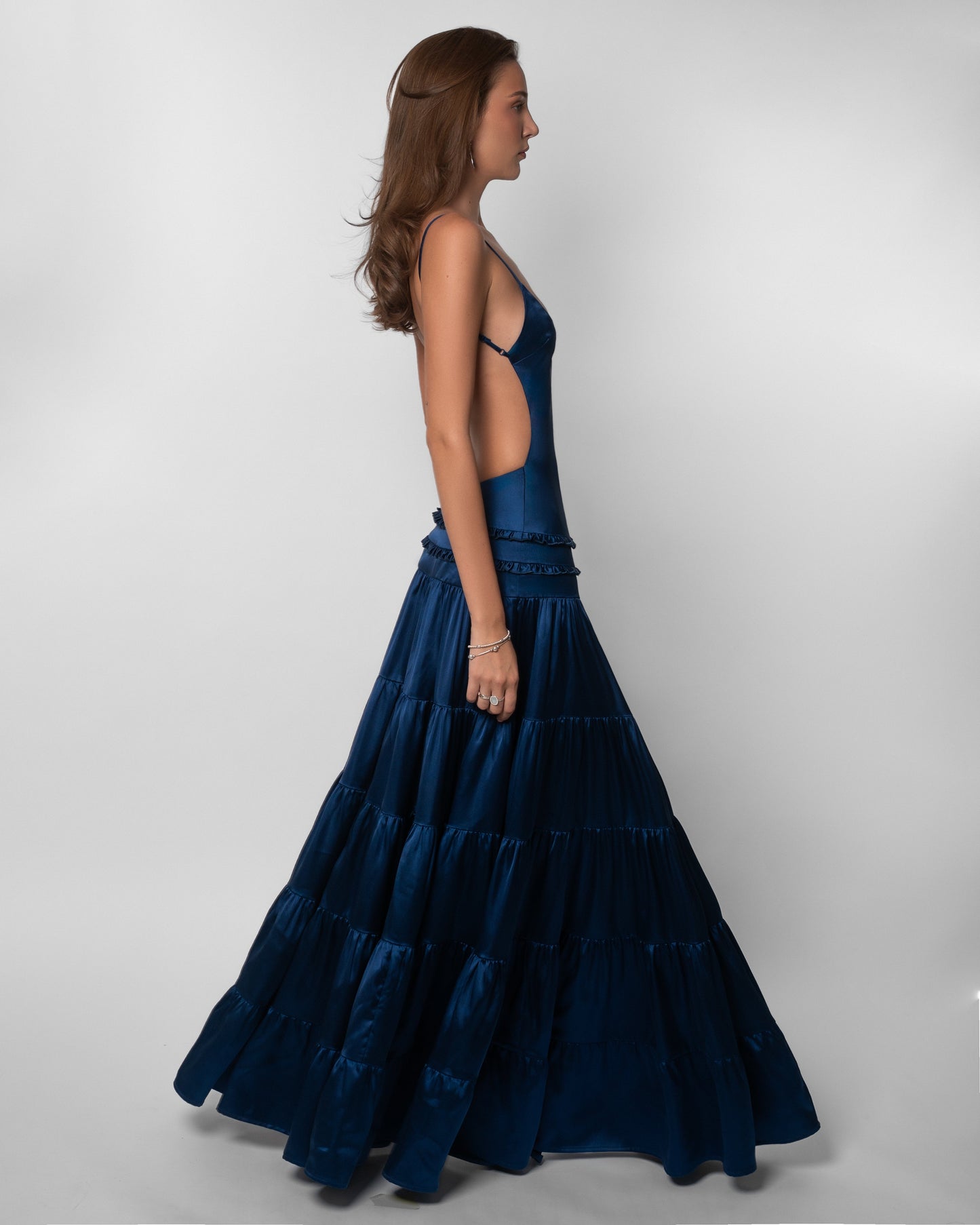 Raven Satin Tiered Maxi Dress