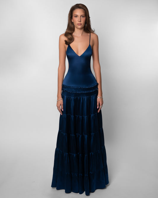 Raven Satin Tiered Maxi Dress