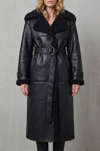 Ravienne | Oversized Shearling Trim Belted Longline Aviator Coat