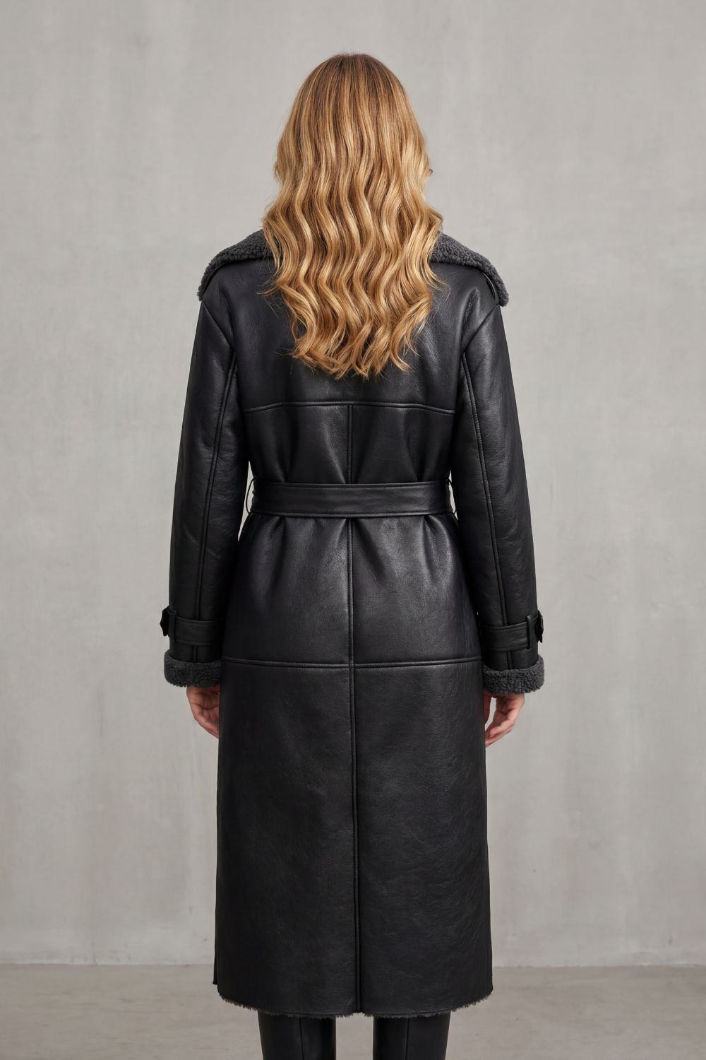Ravienne | Oversized Shearling Trim Belted Longline Aviator Coat