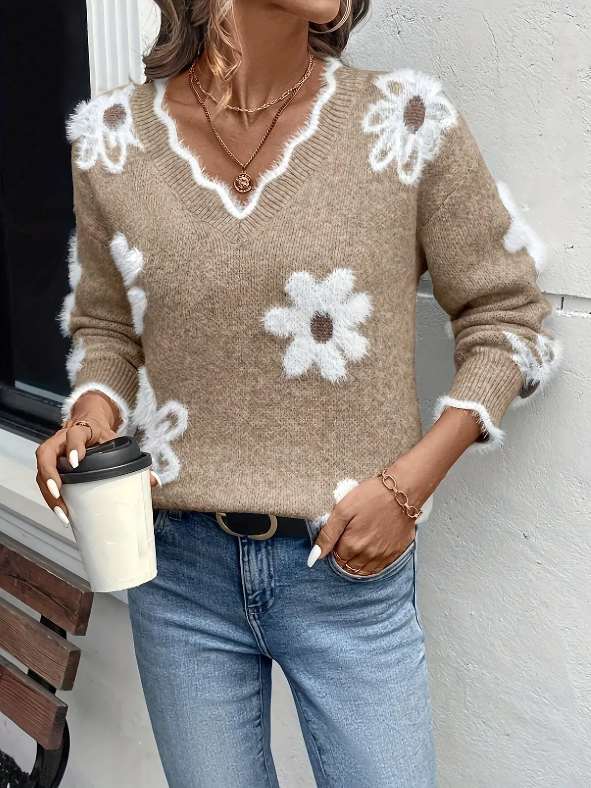 Nina | Floral Intarsia V Neck Jumper