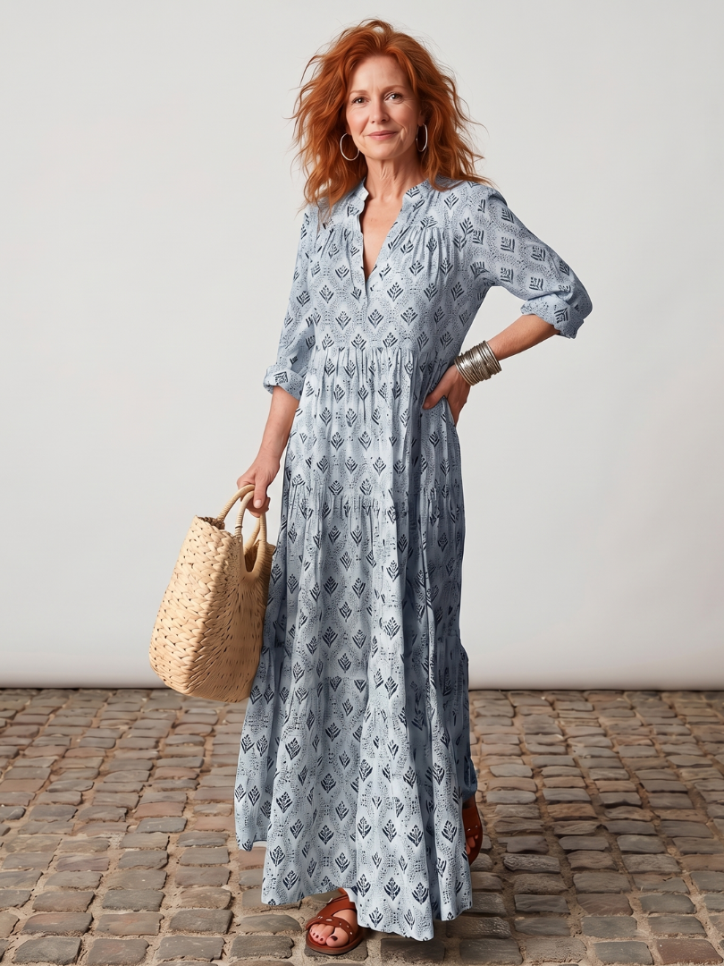 Scarlett | Notch Neck Printed Long Sleeve Maxi Dress