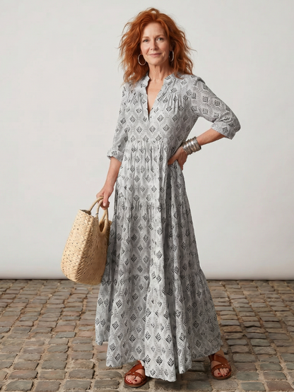 Scarlett | Notch Neck Printed Long Sleeve Maxi Dress