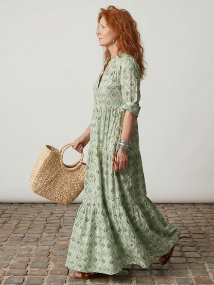 Scarlett | Notch Neck Printed Long Sleeve Maxi Dress