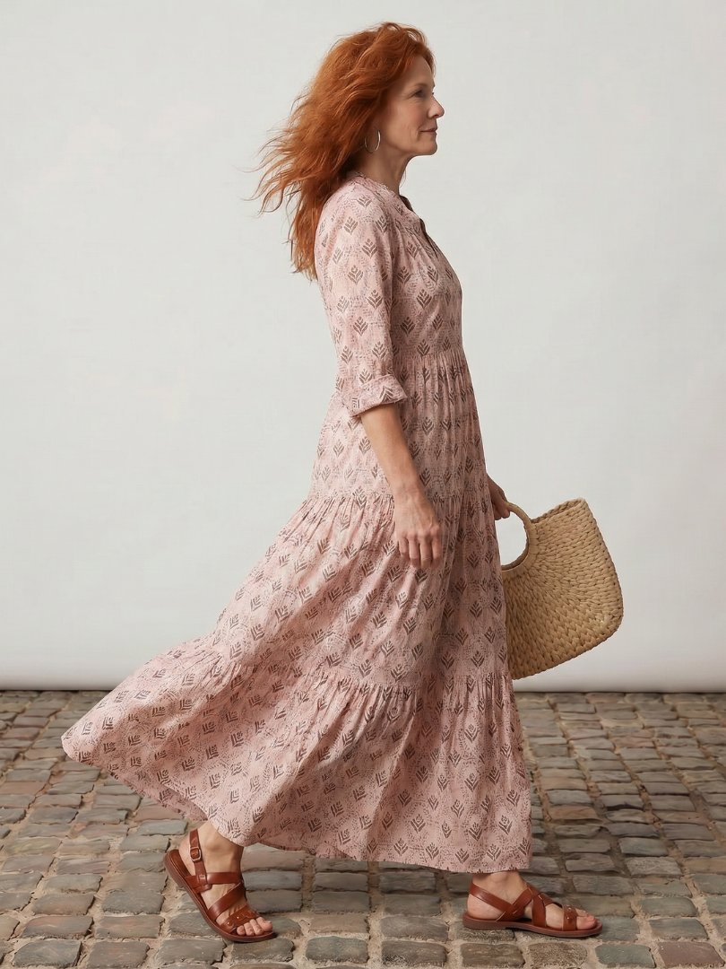 Scarlett | Notch Neck Printed Long Sleeve Maxi Dress