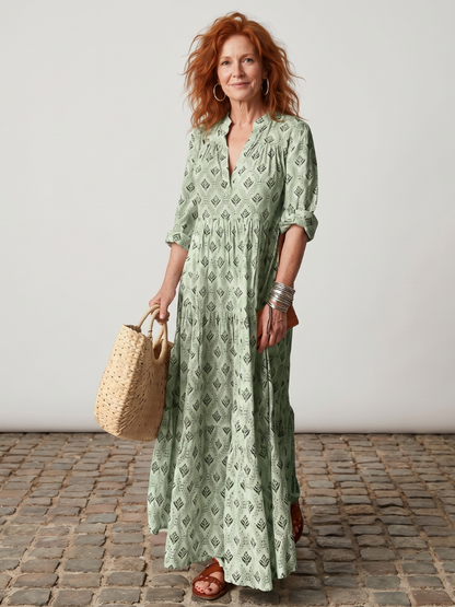 Scarlett | Notch Neck Printed Long Sleeve Maxi Dress