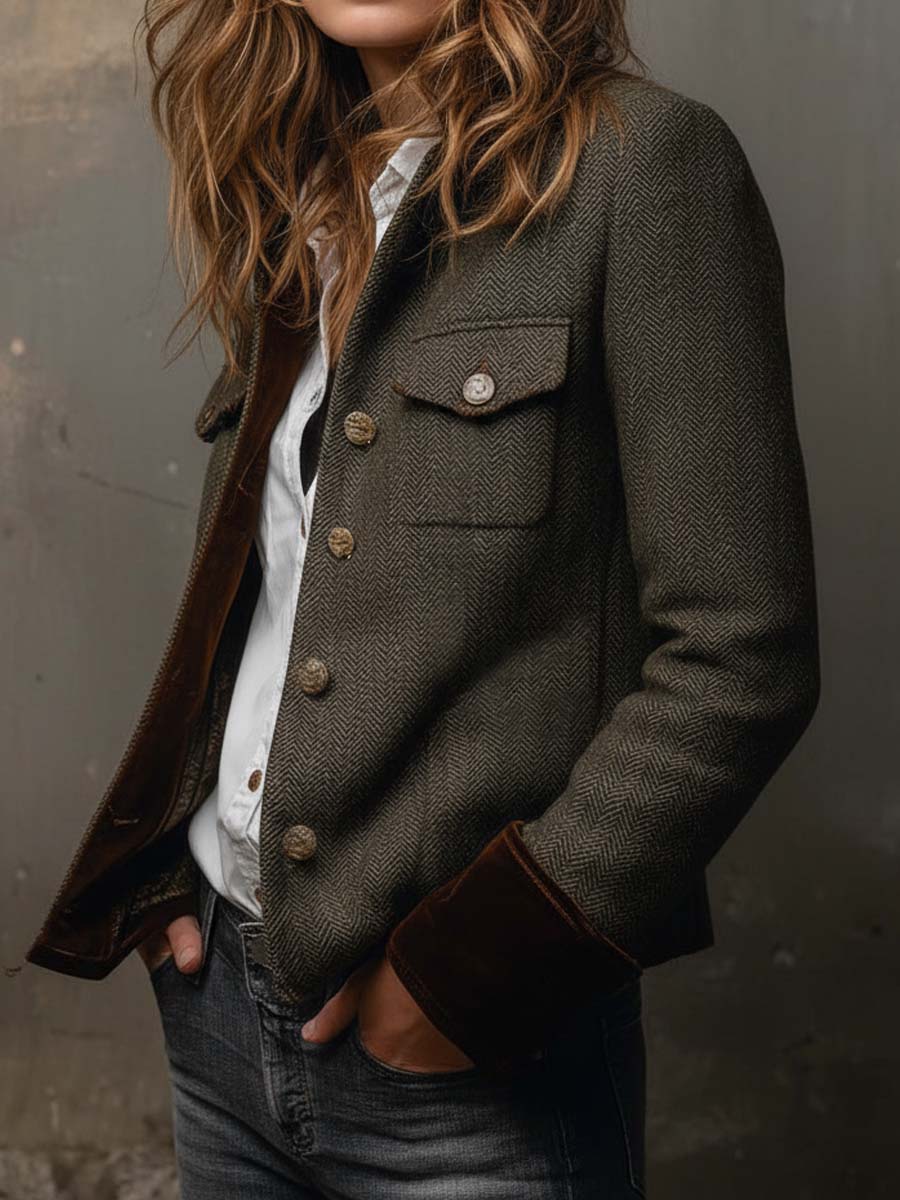 Selene | Vintage Herringbone Contrast Trim Blazer