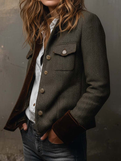 Selene | Vintage Herringbone Contrast Trim Blazer
