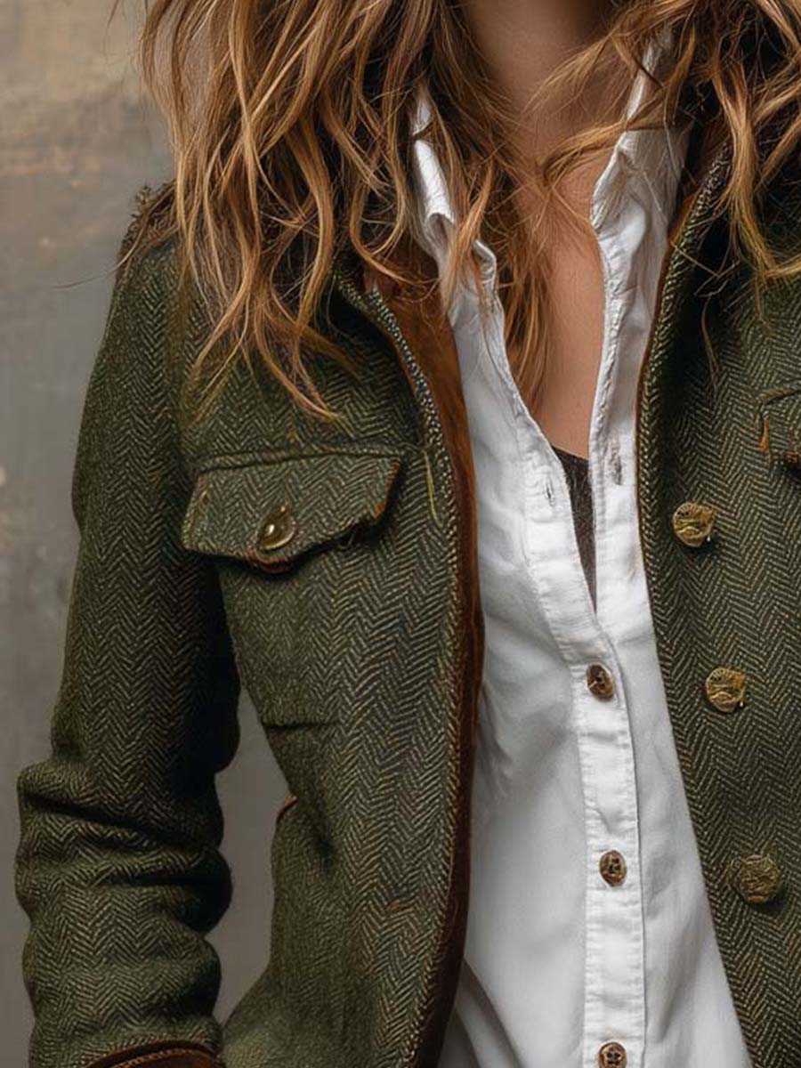Selene | Vintage Herringbone Contrast Trim Blazer