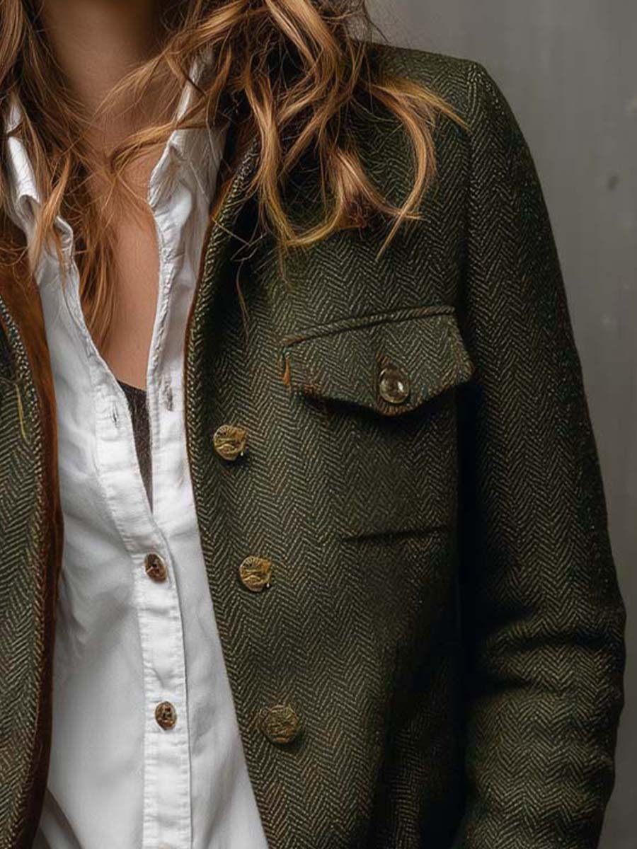 Selene | Vintage Herringbone Contrast Trim Blazer