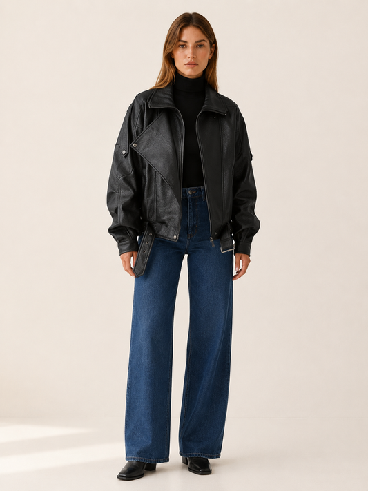 Sienna | Oversized Front Zip Leather Jacket