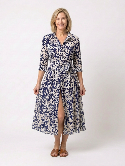 Sofia | Collared Long Sleeve Waist Tie Midi Dress