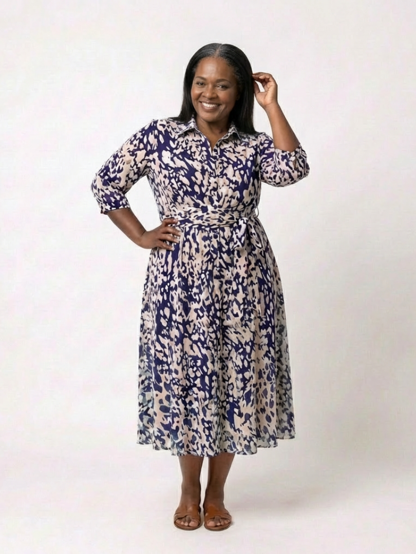 Sofia | Collared Long Sleeve Waist Tie Midi Dress
