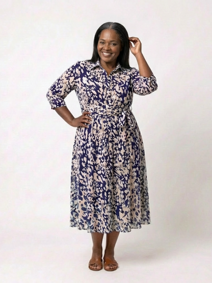 Sofia | Collared Long Sleeve Waist Tie Midi Dress