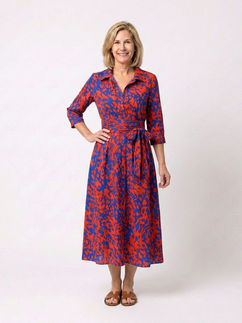 Sofia | Collared Long Sleeve Waist Tie Midi Dress