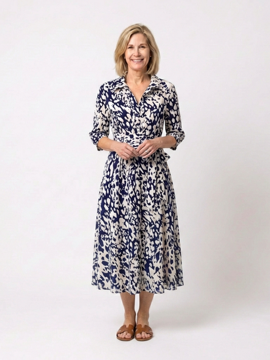 Sofia | Collared Long Sleeve Waist Tie Midi Dress