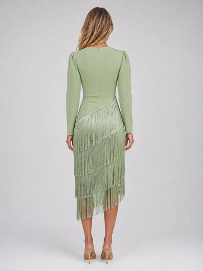 Sofia | Deep V-Neck Fringe Long Sleeve Midi Dress