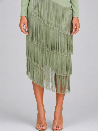 Sofia | Deep V-Neck Fringe Long Sleeve Midi Dress