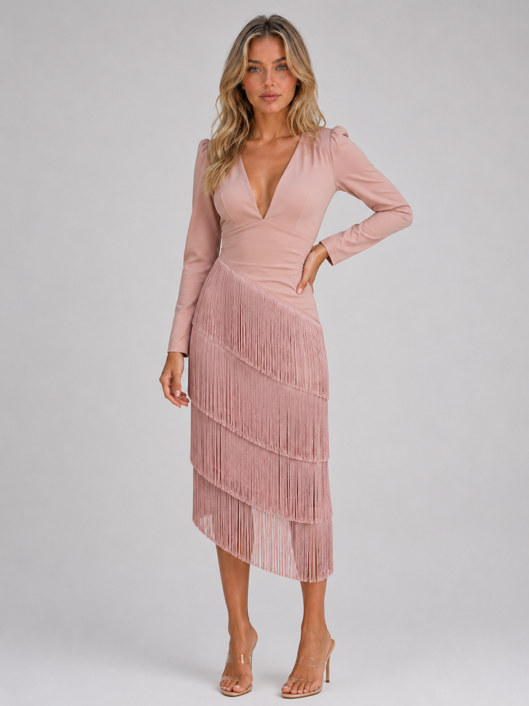 Sofia | Deep V-Neck Fringe Long Sleeve Midi Dress