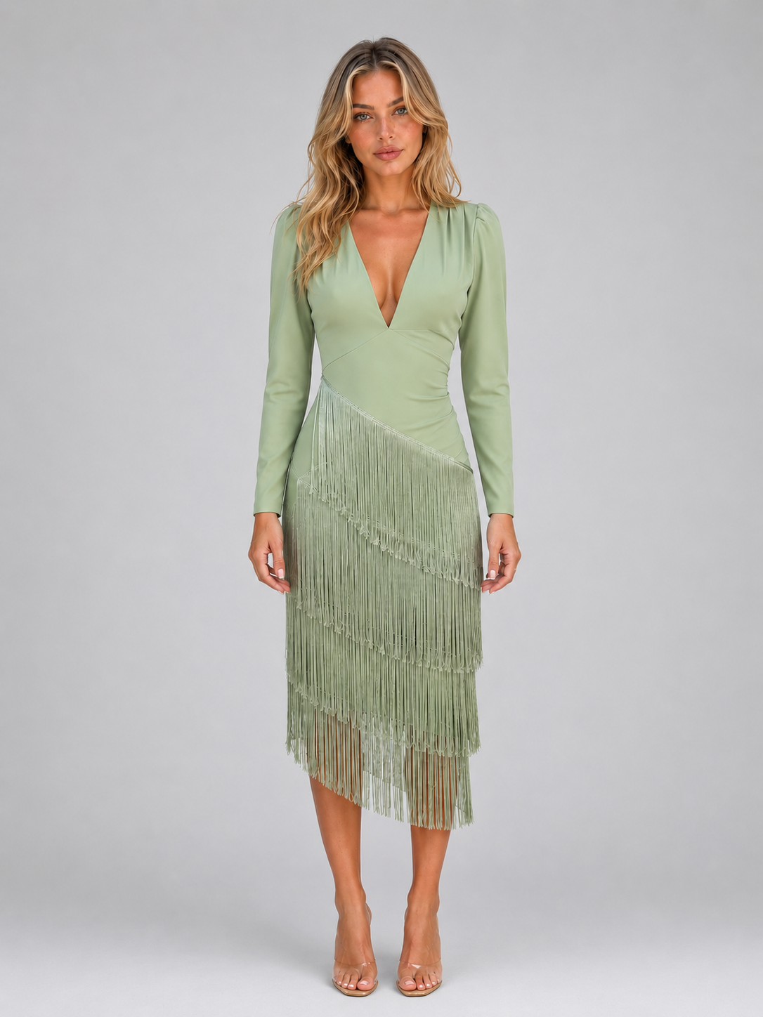 Sofia | Deep V-Neck Fringe Long Sleeve Midi Dress