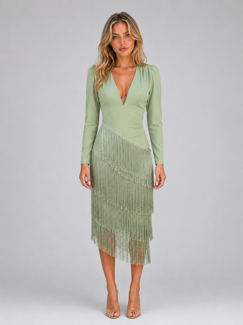 Sofia | Deep V-Neck Fringe Long Sleeve Midi Dress