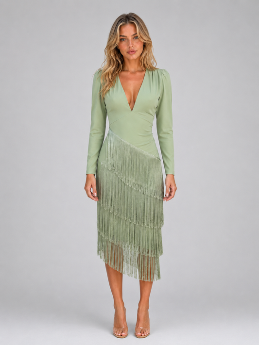 Sofia | Deep V-Neck Fringe Long Sleeve Midi Dress