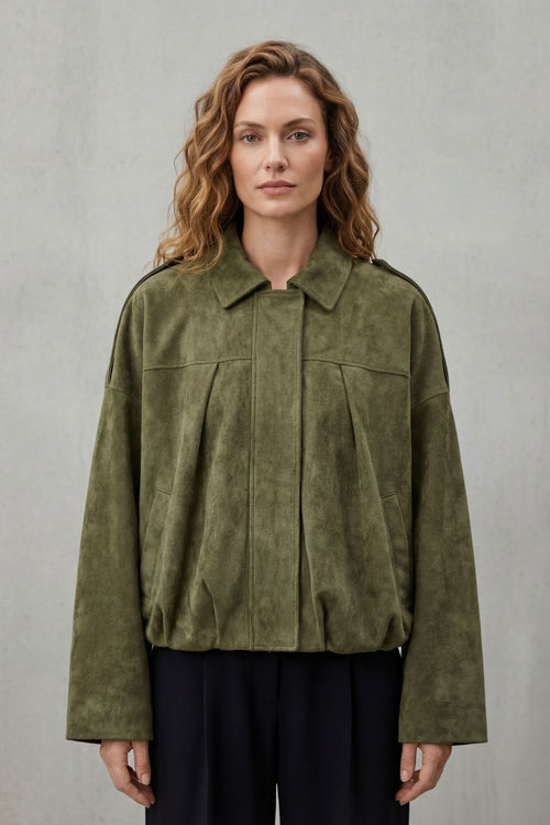 Solenné | Suede Pleated Oversized Bomber Jacket