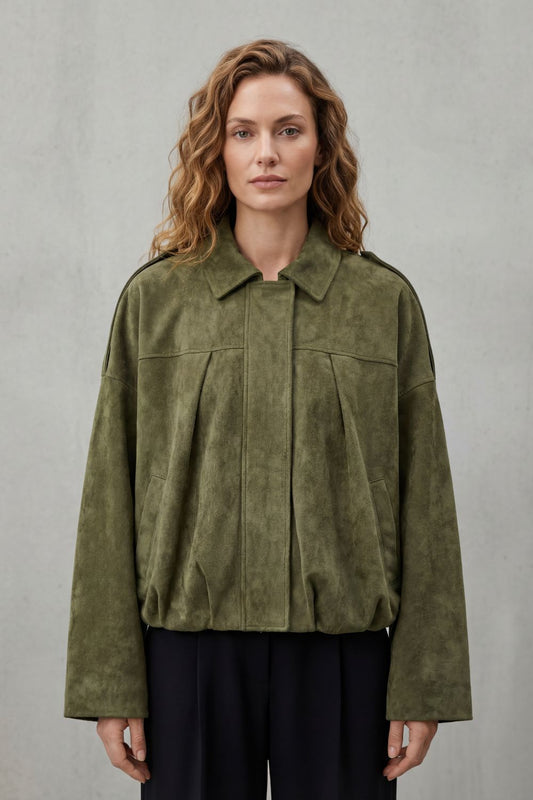 Solenné | Suede Pleated Oversized Bomber Jacket