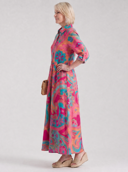 Sophia | Printed Button Front Collared Midi Dress