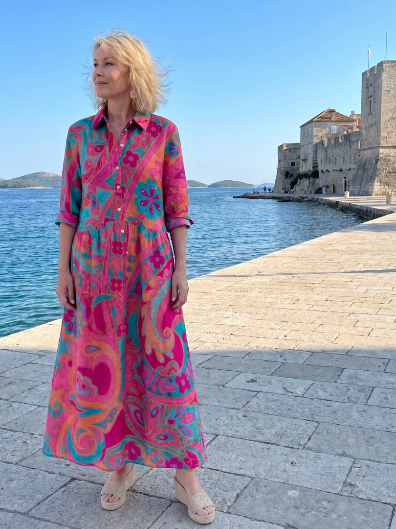 Sophia | Printed Button Front Collared Midi Dress