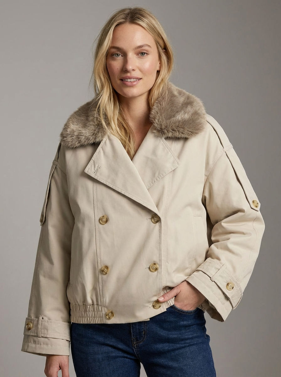 Sophie | Faux Fur Collar Double Breasted Short Trench Coat