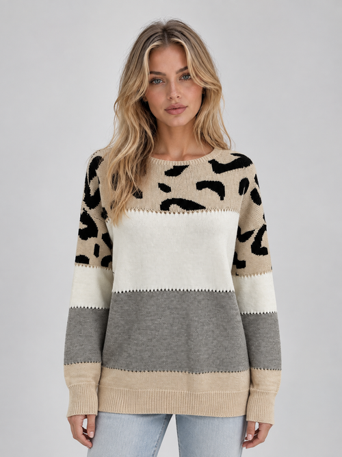 Sylvia | Pull décontracté à col rond et imprimé léopard