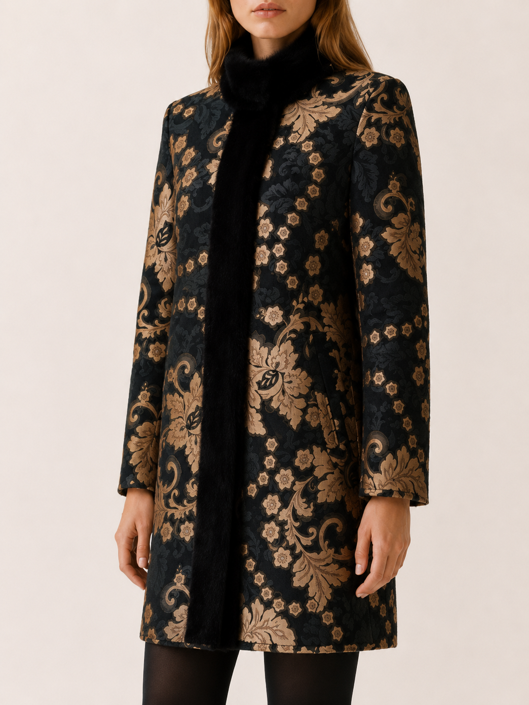 Arabella | Print Faux Fur Trim Longline Coat
