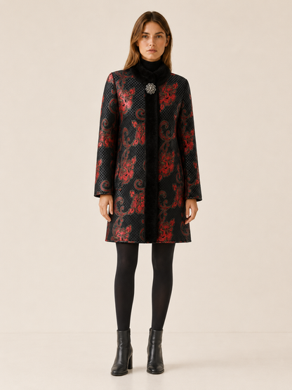 Arabella | Print Faux Fur Trim Longline Coat