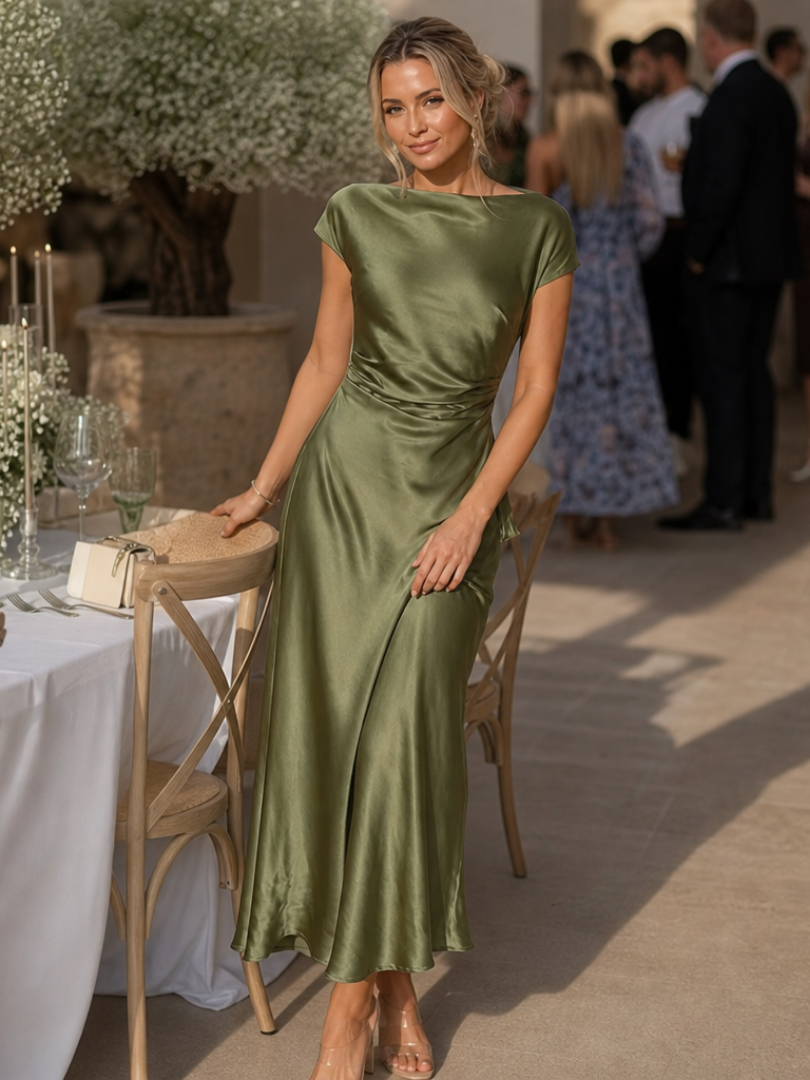 Tessa | Short Sleeve Boat Neck Fitted Silhouette Midi Dress