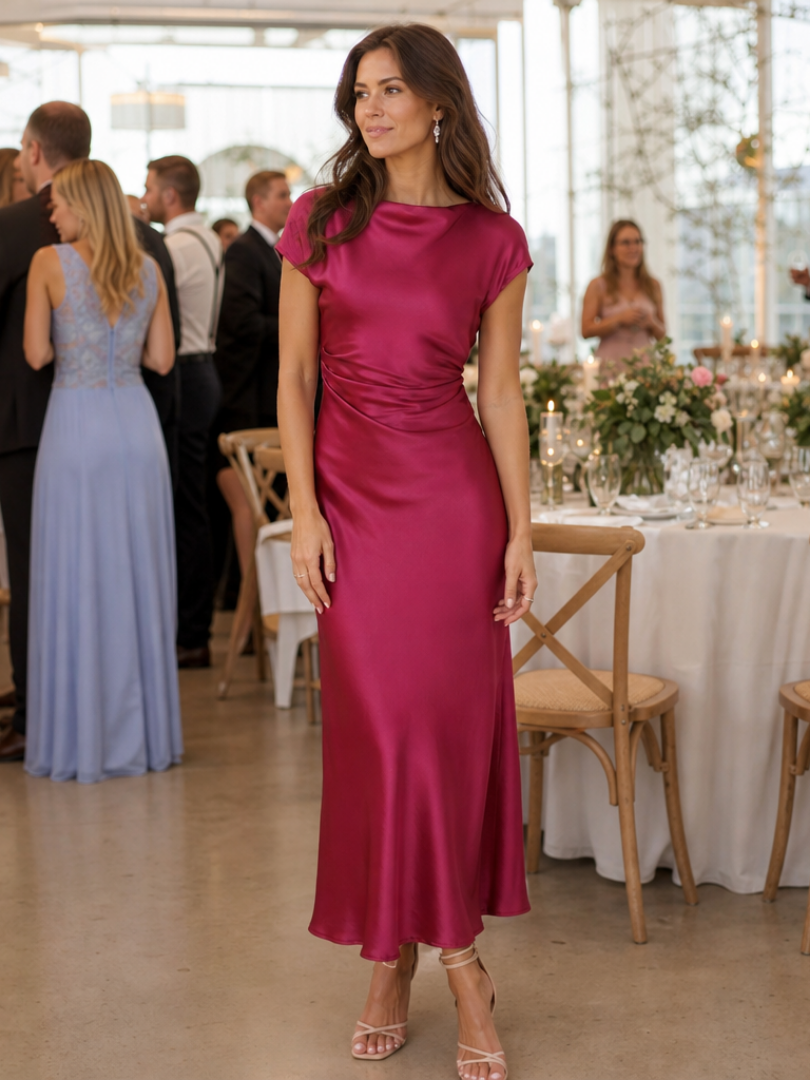 Tessa | Short Sleeve Boat Neck Fitted Silhouette Midi Dress