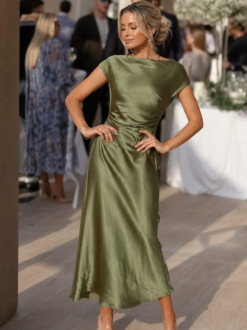 Tessa | Short Sleeve Boat Neck Fitted Silhouette Midi Dress