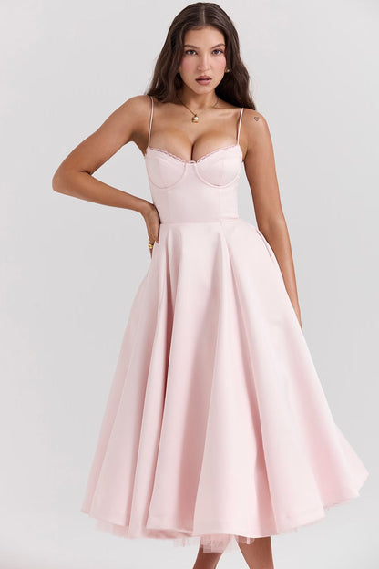 Daisy | Structured Bodice Luxurious Satin Corset Midi Dress